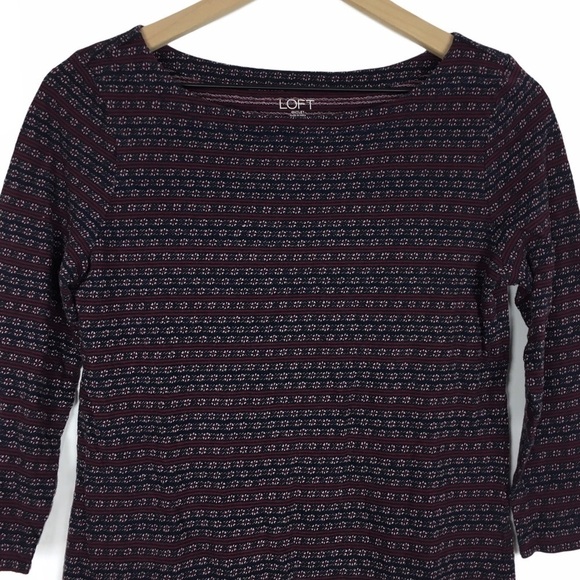 LOFT Outlet Top Floral Stripe Boat Neck 3/4 Sleeve Navy Blue Burgundy Size Small - Picture 2 of 11